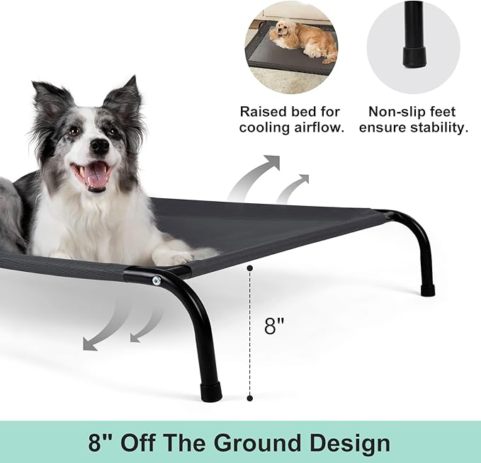 Cooling Elevated Dog Bed with Non-Slip Floor Protectors &amp; Breathable Mesh, Raised Indoor &amp; Outdoor Dog Cot Hammock, 34" L x 25" W x 8" Th, Small, Grey