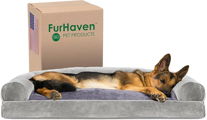Furhaven Pillow Dog Bed for Large Dogs w/ Removable Bolsters &amp; Washable Cover - Faux Fur &amp; Velvet Sofa - Smoke Gray, Jumbo/XL