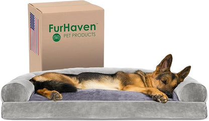 Furhaven Pillow Dog Bed for Large Dogs w/ Removable Bolsters &amp; Washable Cover - Faux Fur &amp; Velvet Sofa - Smoke Gray, Jumbo/XL