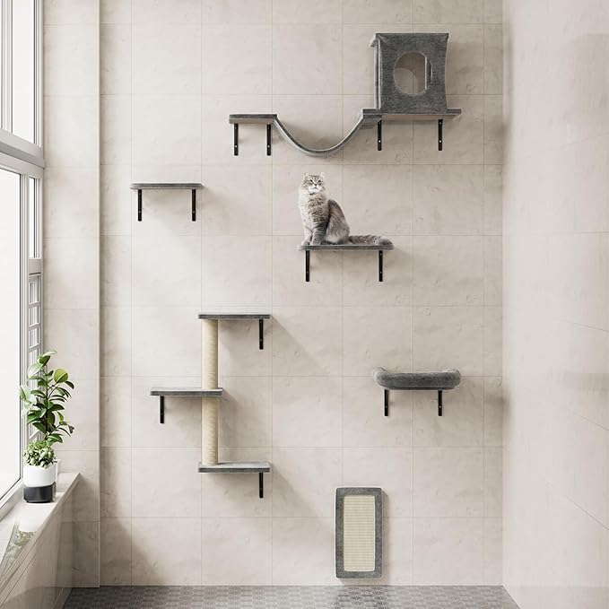 NUNU LAB Wall Mounted Cat Furniture, 6 Pcs Cat Wall Shelves with Condo House, Bridge, Steps, Scratcher, Hammock, Indoor Safe &amp; Stable Furniture for Kittens Play, Dark Gray