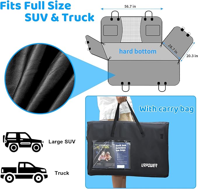 URPOWER PU Leather Back Seat Extender for Dogs – Hard Bottom Dog Car Seat Cover Holds 400 lbs, Anti-Scratch &amp; Waterproof Dog Hammock for Full Size SUVs &amp; Trucks, Dogs Car Bed Pet Backseat Protector