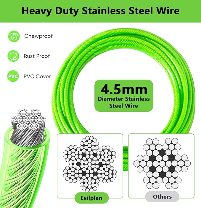 Dog Tie Out Cable 15FT-500Lbs,Heavy Duty Dog Leads&amp;Tether for Yard with Swivel Hook,Small Large Dogs Leash Line for Outside,Rust Chew Proof Dogs Run Cable for Outdoor Camping (Green, 15FT)