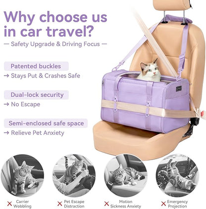 PETSFIT Soft-Sided Cat Carriers &amp; Car Seats with Patent Safe Buckles, Clip-On Harness, 18"x11"x11" Airline Approved Pet Carrier - 9 lbs Capacity (Purple)