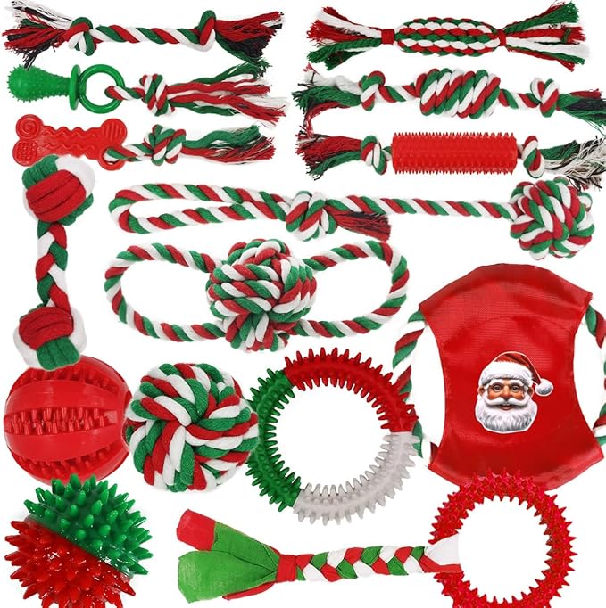 Dog Toys 15 Pack for Teeth Cleaning and Fun, Puppy Teething Chew Toys Tug Rope Squeaky Treat Balls &amp; Rubber Tous Bulk– Variety Dog Gifts Set Reduce Anxiety &amp; Save Furniture, Christmas