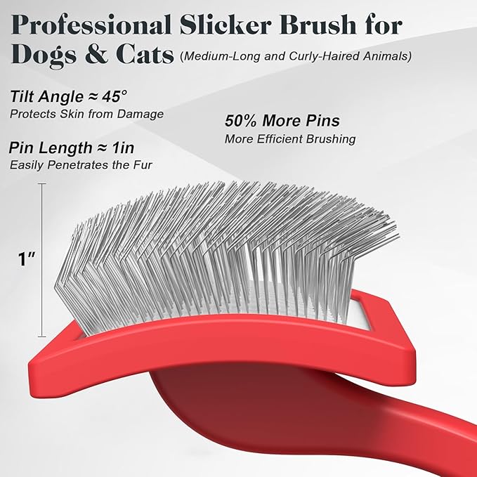 2PCS Slicker Brush for Dogs &amp; Pet Comb,Professional Dog Grooming Brush (Goldendoodles,Poodles,Labradoodles) with Extra Long Pins to Effectively Remove Tangles, Knots and Mats (Red)