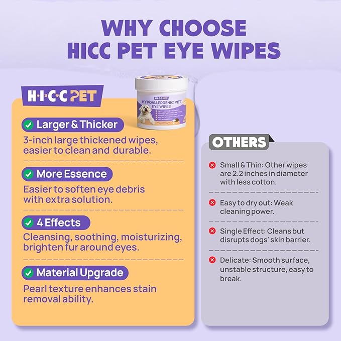 HICC PET Eyes Wipes for Dogs &amp; Cats - Gently Remove Tear Stain, Debris, Discharge, Crust - Coconut Oil Pet Cleaning Grooming Deodorizing Wipes Wash Cleaner for Eyes, Wrinkle, Face - 100pcs