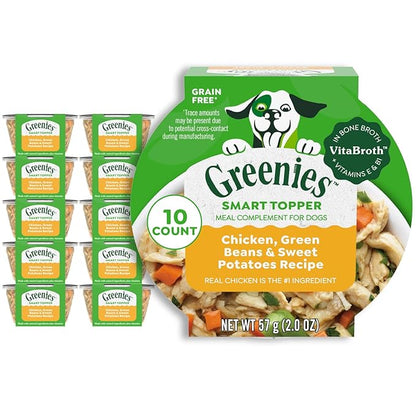 Greenies Smart Topper High Protein Wet Mix-in for Dogs, Chicken, Green Beans &amp; Sweet Potatoes Recipe in Vitabroth Broth - Bone Broth + Vitamins E &amp; B1, 10 Count
