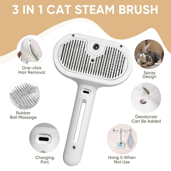 3-in-1 Cat Steam Brush – Pet Grooming &amp; Shedding Comb with Gentle Steam Spray, One-Click Hair Release, for Long &amp; Short Hair Cats &amp; Dogs (White)