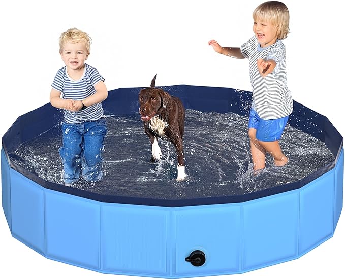 63" x 12" Foldable Dog Pool - Collapsible Hard Plastic Kiddie Pool for Dogs &amp; Kids, Non-Slip Pet Bath Tub for Outdoor Backyard Use, Lightweight &amp; Portable (Blue)