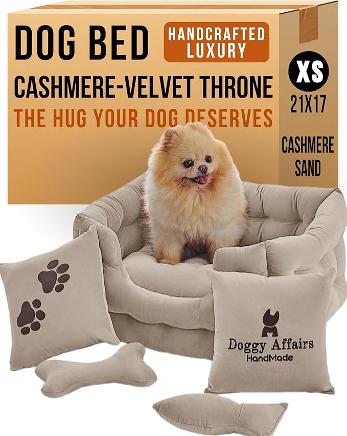 Luxury Dog Bed Chesterfield – Handcrafted Velvet Throne for Dogs | Joint Support, Calming &amp; Temp-Regulating Comfort | Durable 5+ Years, Anti-Claw, Washable 100+ Times –Ivory, Size: XS