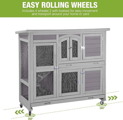 GUTINNEEN Guinea Pig Cage 2 Story Indoor Rabbit Hutch Outdoor Bunny House with Wheels and Leakproof Tray 47" L