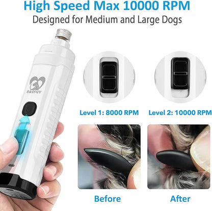 Casfuy Dog Nail Grinder with 2 LED Light for Large Medium Small Dogs - 3X More Powerful 2-Speed Electric Pet Nail Trimmer Rechargeable Quiet Painless Paws Grooming &amp; Smoothing Tool (White)