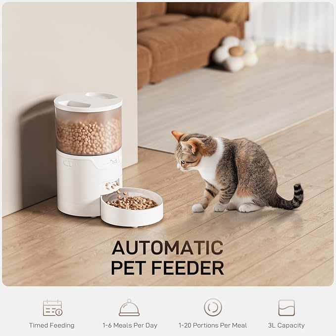 Automatic Cat Feeder: 3L Auto Food Dispenser with Timed Feeding| 6 Meal Programmable&amp; 1-20 Portion Precise Control- Easy to Clean &amp; Setup for Cat Indoor| Desiccant Bag Keep Food Fresh