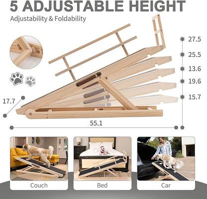 ABORON Antislip Wooden Dog Ramp for High Bed Couch Car, 5-Level Adjustable Folding Pet Ramp for Small &amp; Large Old Dogs &amp; Cats, 17.7" Extra Wide 51" Long, Rubber Mat, Supports up to 200 lbs