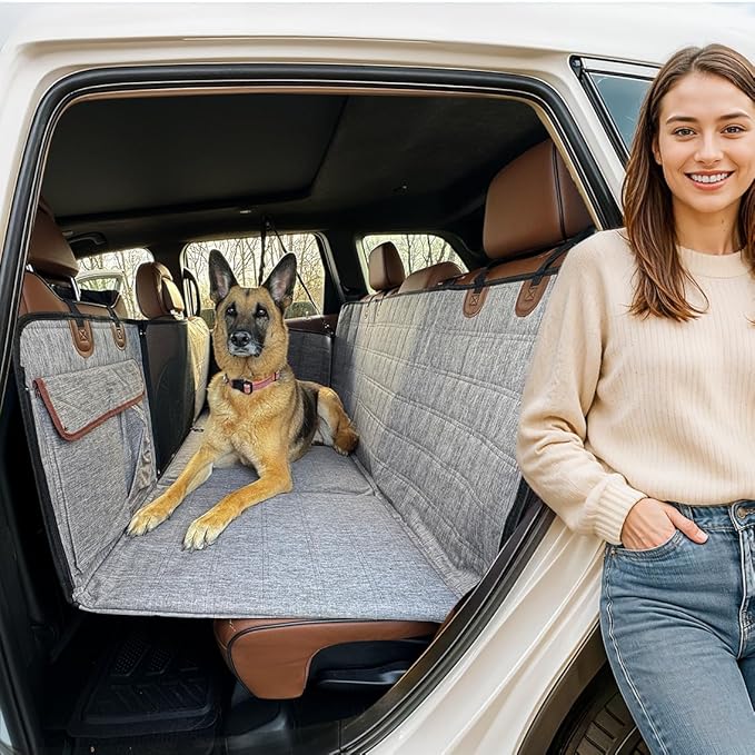 APetsPlanet Dog Car Seat Cover for Back Seat Hard Bottom - Waterproof Backseat Extender for Dogs - Pet Hammock for Car, Truck, SUV - Protector Bed with Mesh Window &amp; Storage - Gray, with Door Covers