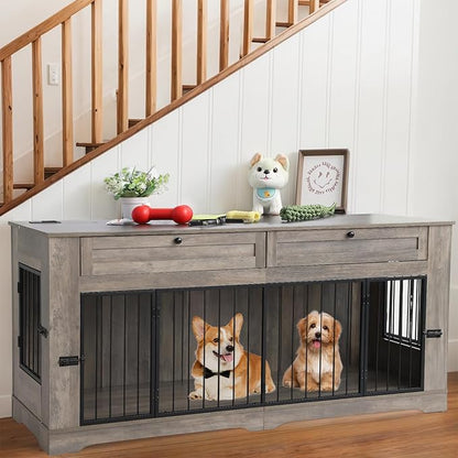 Large Dog Crate Furniture-Decorative Heavy Duty Dog Cage Indoor, Wooden Dog Cage End Table with Charging Station, Dog House with 2 Drawers (Gray, 70.86&