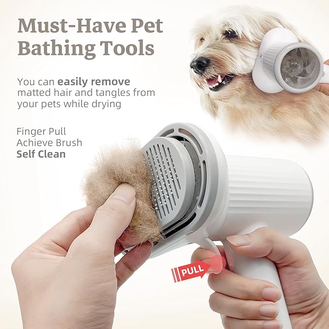 Dog Hair Dryer, Professional 2-in-1 Pet Hair Dryer &amp; Grooming Brush with Removable Comb, Adjustable Temperature/Speed, Portable Dryer for Dogs and Cats