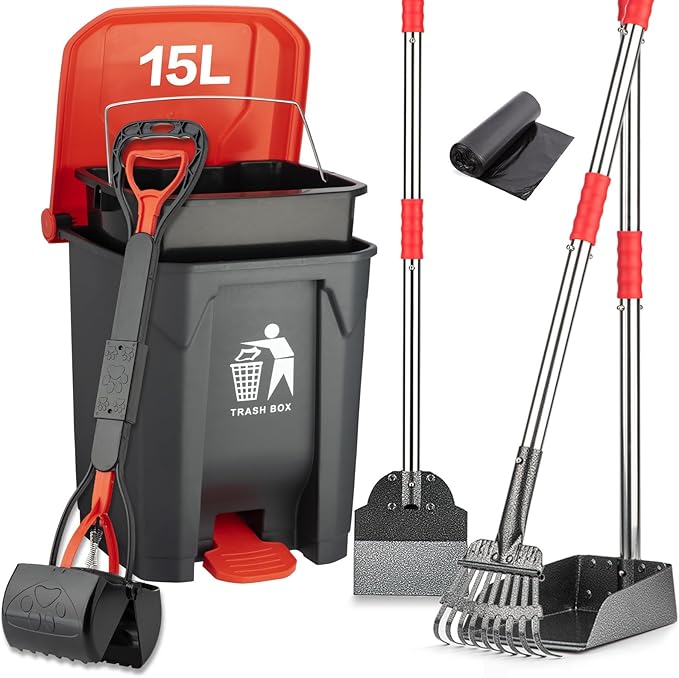 Pooper Scooper Set,Dog Poop Tray and Rake Set for Large &amp; Small Dogs Dog Pooper Scooper 15 Litre Step Dog Poop Trash Can Outside W/Removable Inner Bucket with 20 Waste Bags