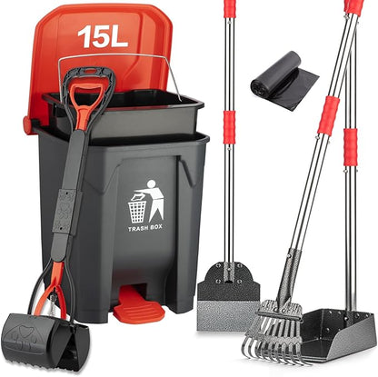 Pooper Scooper Set,Dog Poop Tray and Rake Set for Large &amp; Small Dogs Dog Pooper Scooper 15 Litre Step Dog Poop Trash Can Outside W/Removable Inner Bucket with 20 Waste Bags