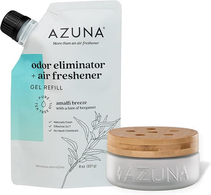 Azuna Air Freshener &amp; Odor Eliminator for Strong Odor | 1 Room Kit Includes (1) Empty Luxe Glass Jar &amp; 8oz Refill with Tea Tree Essential Oil Gel | Amalfi Breeze | Last 60-90 Days