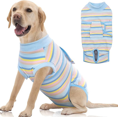 FUAMEY Recovery Suit for Dogs After Surgery,Soft Breathable Dog Bodysuit E-Collar &amp; Cone Alternative Surgical Suit,Male Female Dog Neuter Spay Suits Anti Licking Wounds Onesie Blue Yellow Stripes XXL