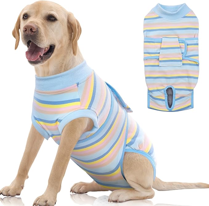 FUAMEY Recovery Suit for Dogs After Surgery,Soft Breathable Dog Bodysuit E-Collar &amp; Cone Alternative Surgical Suit,Male Female Dog Neuter Spay Suits Anti Licking Wounds Onesie Blue Yellow Stripes XL