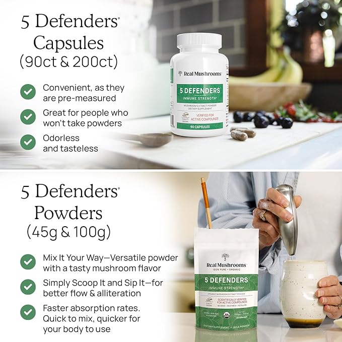 Real Mushrooms 5 Defenders - Adaptogenic Mushrooms Complex with Chaga, Reishi, Turkey Tail, Maitake &amp; Shiitake for Wellness Support - Mushroom Beta Glucan Capsules - 90 Count