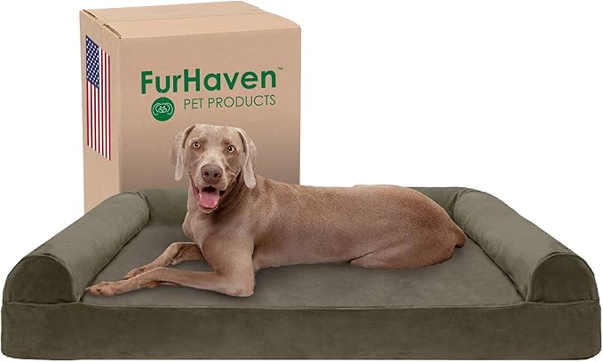 Furhaven Cooling Gel Dog Bed for Large Dogs w/ Removable Bolsters &amp; Washable Cover, For Dogs Up to 125 lbs - Faux Fur &amp; Velvet Sofa - Dark Sage, Jumbo Plus/XXL