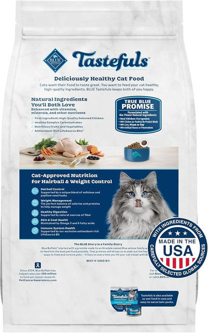 Blue Buffalo Tastefuls Adult Dry Cat Food for Weight Management &amp; Hairball Control, Made in the USA with Natural Ingredients, Chicken Recipe, 7-lb Bag