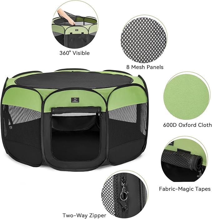 A4Pet Portable Pet Playpen, 49” Pop Up Dog Playpen with Bowl, Suitable for Puppies, Kittens, and Small Animals, Removable Zipper &amp; Mesh Panel(19”W × 12”H)