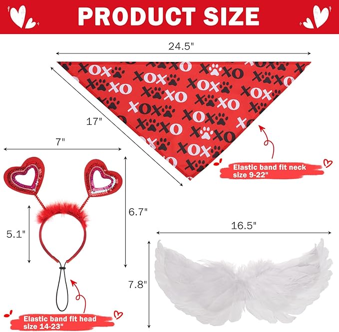 SCENEREAL Dog Outfit/Birthday Bandana with Feather Wing &amp; Heart Headband Dogs Girls Set, Red Puppy Kitty Party Supplies for Small Medium Dogs Cats, Pet Costumes