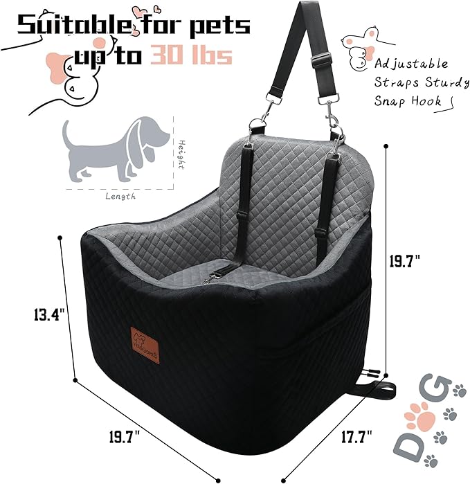 Dog Car Seat for Small Medium Dogs-Safety and Comfy Pet Booster Carseats with 2 Clip-On Satebelt &amp; Storage Pockets,Washable and Detachable Puppy Car Seat for Dogs up to 30 lbs.(H-Black/Grey)