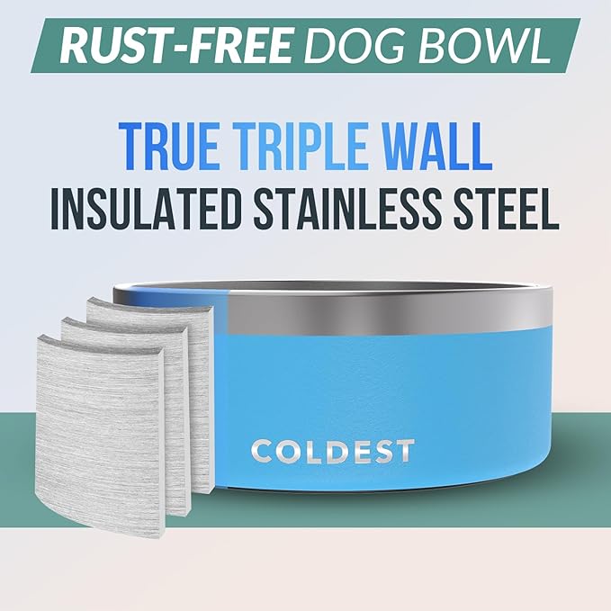 Coldest Dog Bowl - Anti Rust Metal, Non Slip, 3 Layers Insulated Stainless Steel Dog Bowls - Spill Proof &amp; Heavy Duty - Water Bowl for Dogs, Cats &amp; Pets, Dish Washer Safe (100 oz, Celestial Blue)
