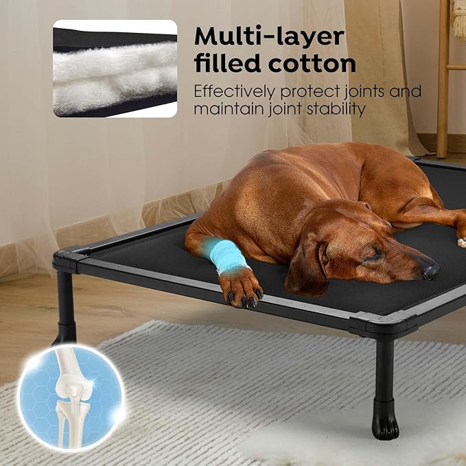 Veehoo Chew Proof Elevated Dog Bed, Durable Raised Pet Cot with Soft PP Cotton-Filled Waterproof Mat, Washable Padded Cot for Indoor, Outdoor &amp; Camping, 35-Inch, Black