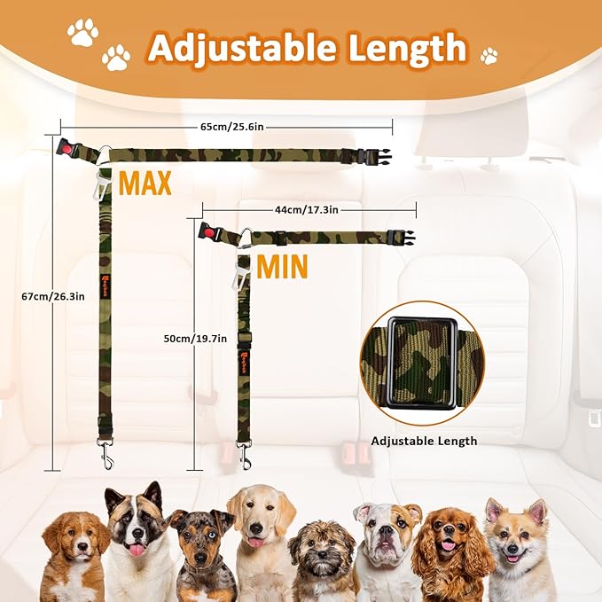 Removable Dog Seat Belt Harness for Car, 3 in 1 Pet Dog Car Seatbelt Leash, Retractable Restraint Secures to Vehicle Headrest &amp; Adjustable Reflective Bungee Dog Seatbelt Tether, Camouflage