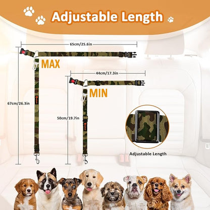 Removable Dog Seat Belt Harness for Car, 3 in 1 Pet Dog Car Seatbelt Leash, Retractable Restraint Secures to Vehicle Headrest &amp; Adjustable Reflective Bungee Dog Seatbelt Tether, Camouflage