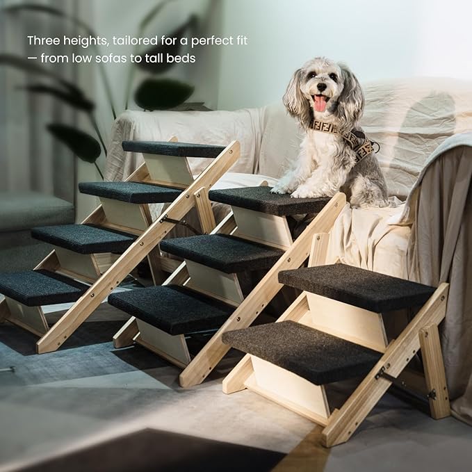 MEWANG Wood Pet Stairs &amp; Ramp for Small/Medium Dogs and Cats, Aging Pets – 3-in-1 Foldable, Portable, Non-Slip Pet Ladder for Tall Beds, Couches,Cars–Holds Up to 220 lbs (17.3" L x 17.2" W x 13.0" H)