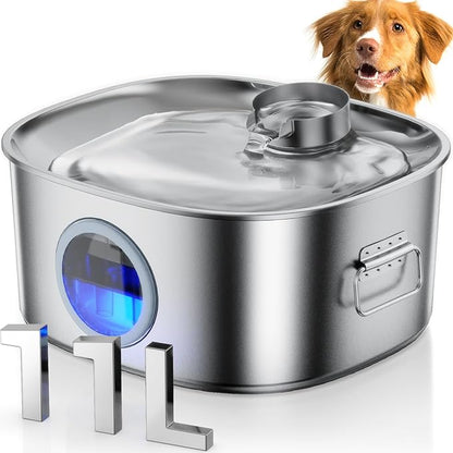 Dog Water Fountain Stainless Steel, 11L/2.8Gal Large Pet Water Fountain for Large Dogs Inside, Dog Fountain Water Bowl Automatic Dispenser with Visible Window &amp; LED, Ultra Quiet for Dogs and Multi-Pet