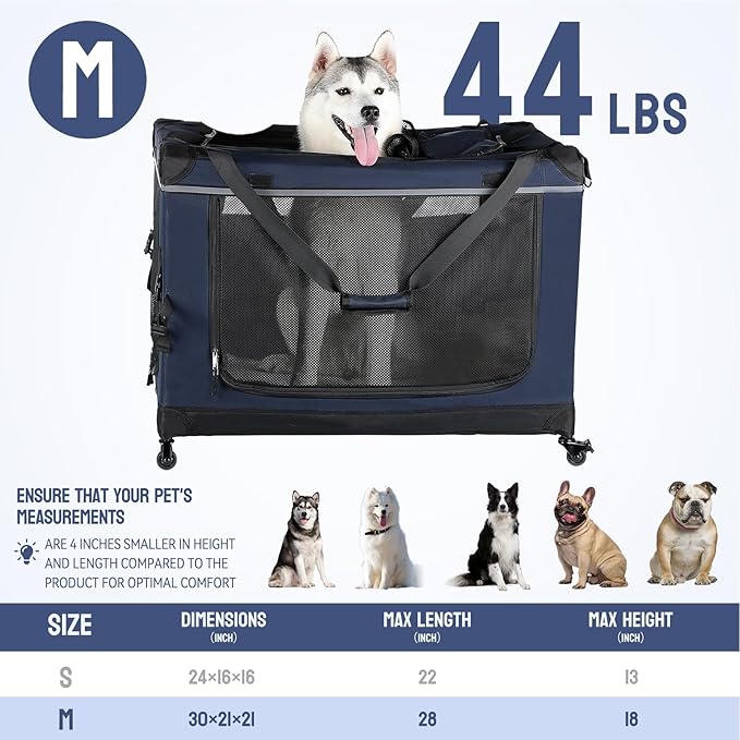 30IN Soft Collapsible Dog Crate w Detachable Wheels, Rolling Travel Dog Crate for Medium Breed Dogs, Portable Dog Kennel with Mesh Windows, Indoor &amp; Outdoor Uses