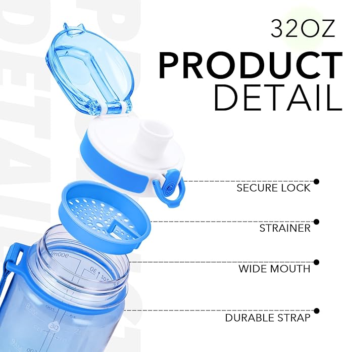 32oz Motivational Water Bottles with Time Marker &amp; Fruit Strainer, Transparent Gradient Color Water Bottle with Times to Drink, Leakproof &amp; BPA Free, Reusable Bottle with Strap (No Straw)
