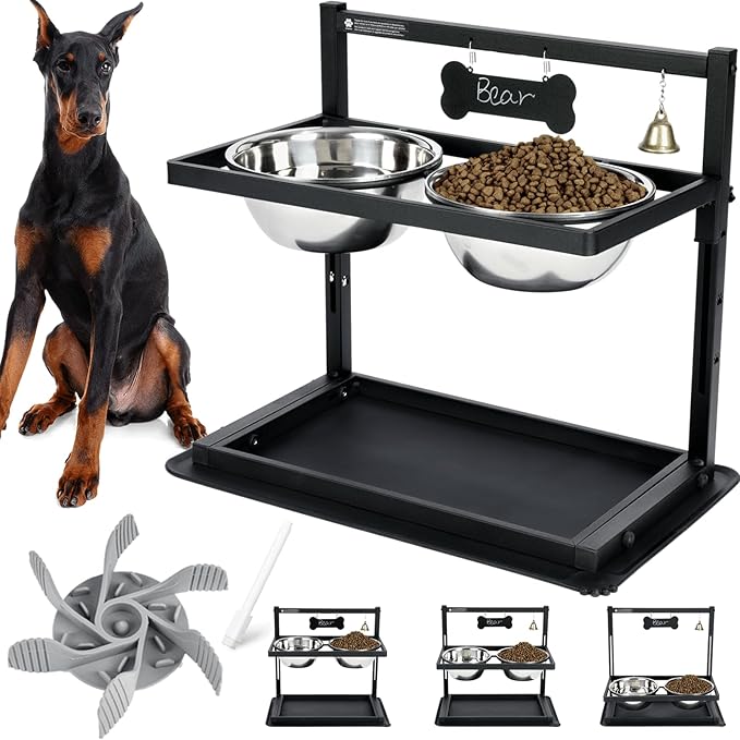 SHAINFUN Elevated Dog Bowls - Slow Feeder, Raised Stand with Two 1700ML Stainless Steel Bowls, Spill Proof Mat for Large &amp; Medium Dogs