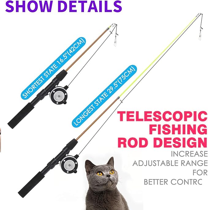 Retractable Cat Teaser Wand Toy, Cat Toys for Indoor Outdoor Cats Interactive Fishing Rod with 8 Pcs Refills Feather Toy, Plush Mouse Caterpillar &amp; Fish
