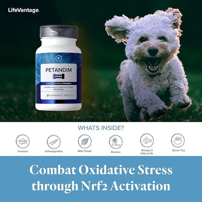 Petandim Dog Vitamins (30 Chewable Tablets), Antioxidants Reduce Oxidative Stress, Joint Supplement for Dogs, Skin and Coat Supplement, Omega-3 &amp; Collagen for Dogs, Chicken + Bacon Flavor