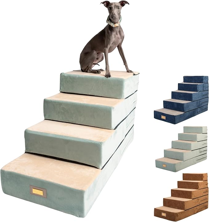 All-in-One Adjustable Dog Stairs – 5-Step Premium Pet Ramp for Small to Large Dogs – Sturdy, Non-Slip &amp; Versatile for Beds, Sofas &amp; More - Soft Cover, Modern Design (Green)