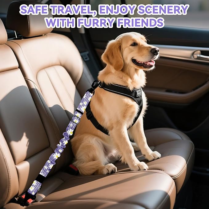 Pawaboo Dog Seatbelt for Car, Dog Seat Belt Bungee, Shockproof Dogs Tether for Car with Buckle &amp; Hook Latch, Adjustable Reflective Dogs Cars Harness Leash with 360° Lockable Buckle, Light Purple
