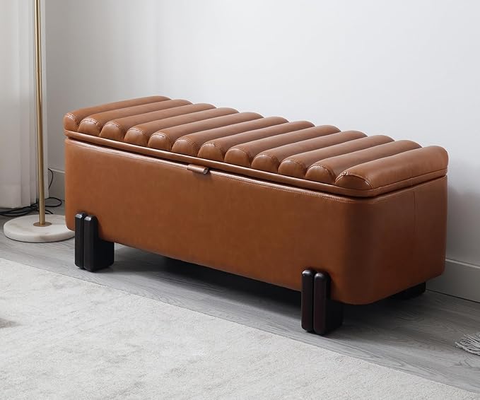 Kmax 45" Storage Bench PU Leather Entryway Bench Upholstered Ottoman Bench with Wavy Top &amp; Safty Hinge for Bedroom Living Room Hallway, Brown
