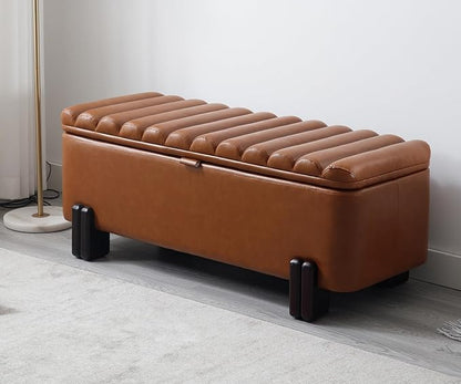 Kmax 45" Storage Bench PU Leather Entryway Bench Upholstered Ottoman Bench with Wavy Top &amp; Safty Hinge for Bedroom Living Room Hallway, Brown