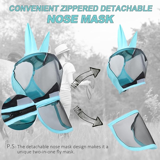 Luminous Horse Fly Mask with Long Nose, Ears, Full Face &amp; Eye Protection - Full Mesh, Detachable Nose Cover, Fleece Padded Edging, Hook-and-Loop Straps with Webbing, Hanging Straps Mint Green