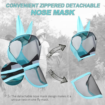 Luminous Horse Fly Mask with Long Nose, Ears, Full Face &amp; Eye Protection - Full Mesh, Detachable Nose Cover, Fleece Padded Edging, Hook-and-Loop Straps with Webbing, Hanging Straps Mint Green