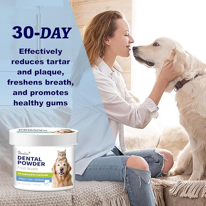 Dog Dental Powder for Pet Oral Care and Teeth Cleaning–No Added Colorants Breath Freshener for Cats and Dogs, Bad Breath, Plaque &amp; Tartar Remover, Helps Protect Against Leaky Gums – 100 Scoops